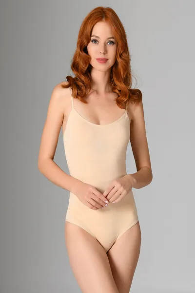 Body din Bumbac cu bretea subtire si chilot clasic, Bej,Engros