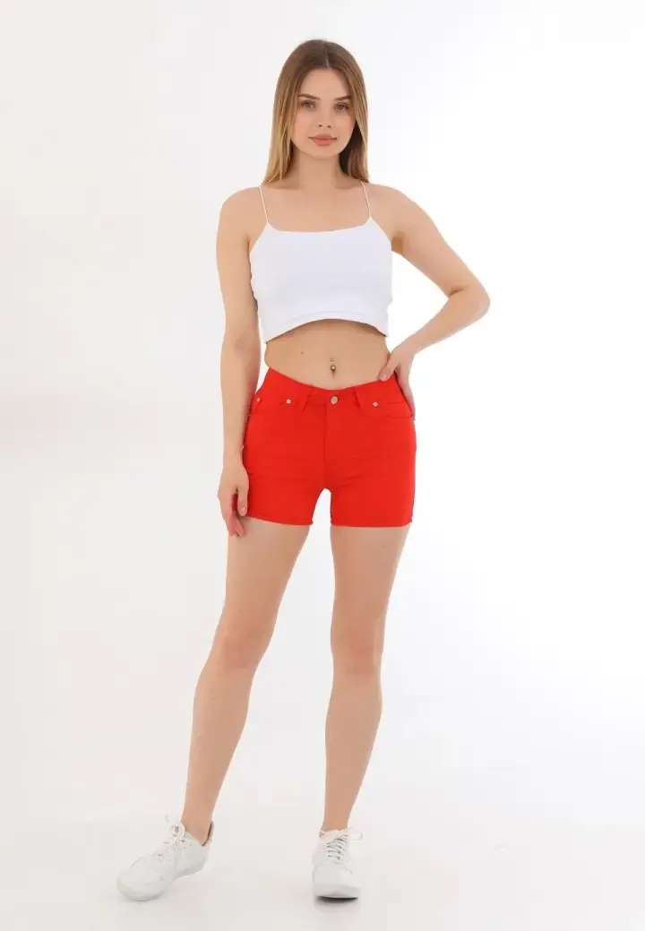 Blugi scurți damă de vară – elastici, mulați, cu buzunare la spate-rosu Engros — Imaginea 1