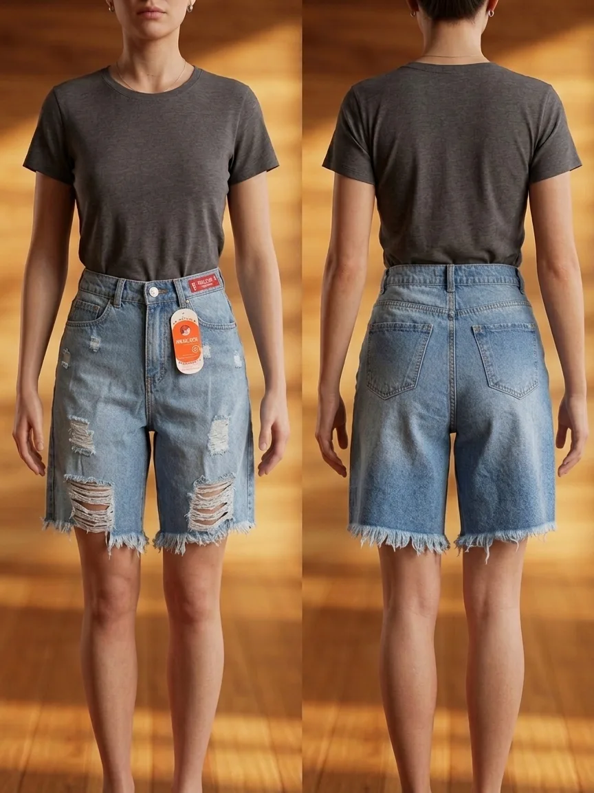 Blugi damă 3/4 cu talie înaltă – franjuri, croială lejeră, Albastri ,Engros — Image 1