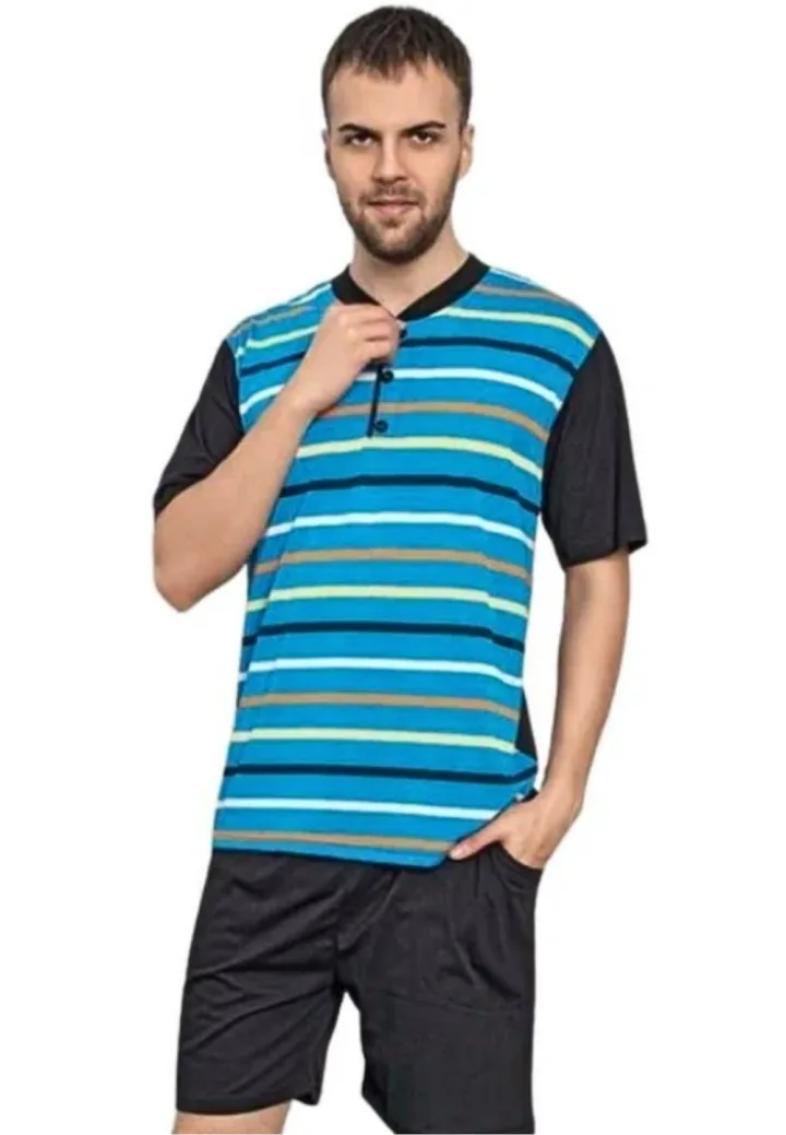 Pijama bărbați din bumbac, mânecă scurtă și pantaloni scurti- culoare albastru Engros — Image 1