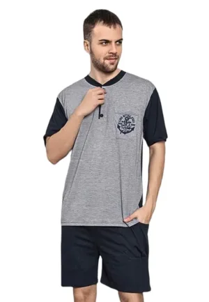 Pijama bărbați din bumbac, mânecă scurtă și pantaloni scurti- culoare gri,Engros — Imaginea 1