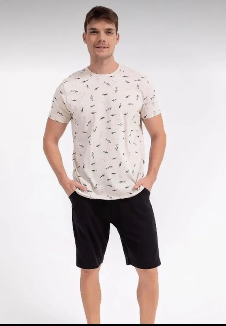 Pijama Bărbați Mânecă Scurtă și Pantalon Scurt cu Imprimeu Rechin,Engros — Görsel 3