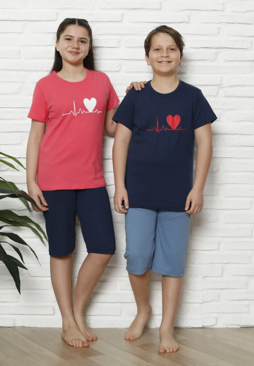 Pijama Copii cu maneca scurta si pantalon 3/4,culoare Coral si Bleumarin,  Engros — Image 1