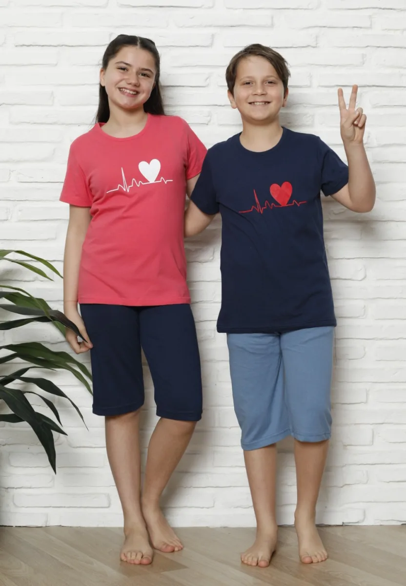 Pijama Copii cu maneca scurta si pantalon 3/4,culoare Coral si Bleumarin,  Engros — Image 2