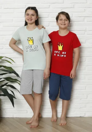 Pijama Copii cu maneca scurta si pantalon 3/4, culoare Rosu si Gri, Engros — Image 1