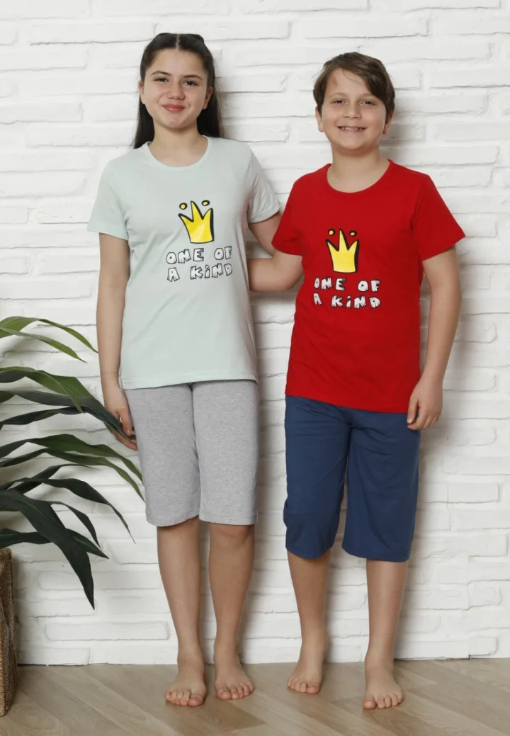 Pijama Copii cu maneca scurta si pantalon 3/4, culoare Rosu si Gri, Engros — Image 2