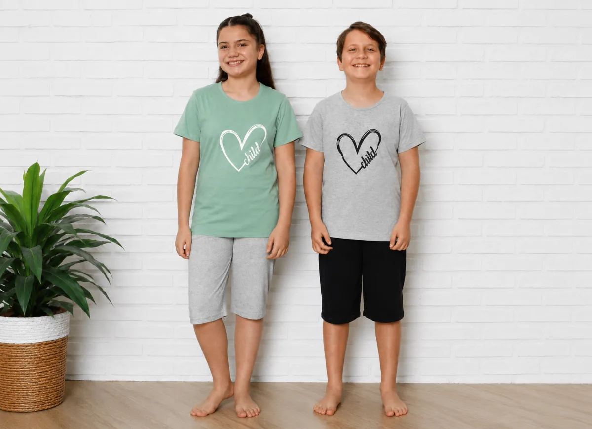 Pijama Copii cu maneca scurta si pantalon 3/4, culoare Gri si Verde menta ,Engros — Imaginea 1