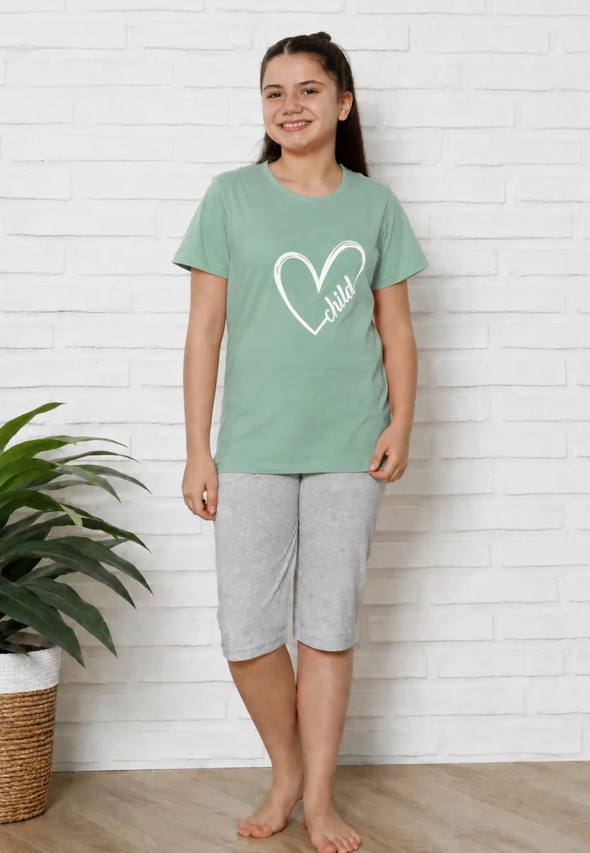 Pijama Copii cu maneca scurta si pantalon 3/4, culoare Gri si Verde menta ,Engros — Imaginea 2