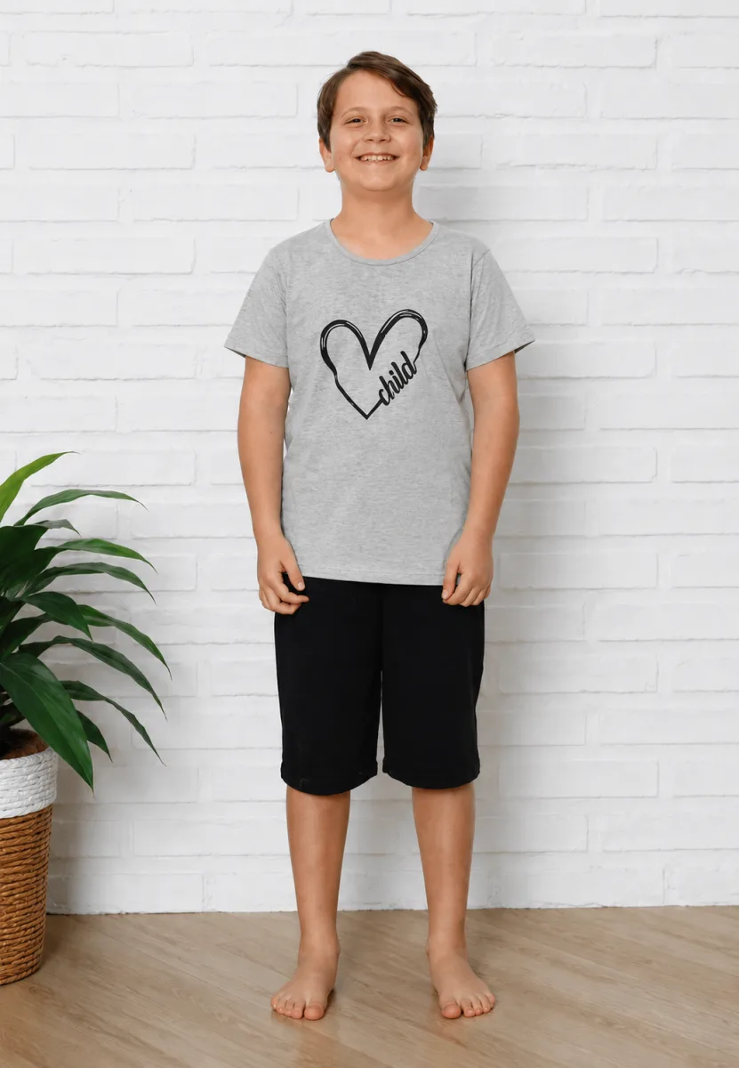 Pijama Copii cu maneca scurta si pantalon 3/4, culoare Gri si Verde menta ,Engros — Imaginea 3