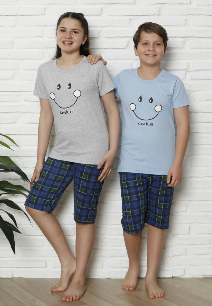 Pijama Copii cu maneca scurta si pantalon 3/4, culoare Albastru deschis si Gri ,Engros — Image 1