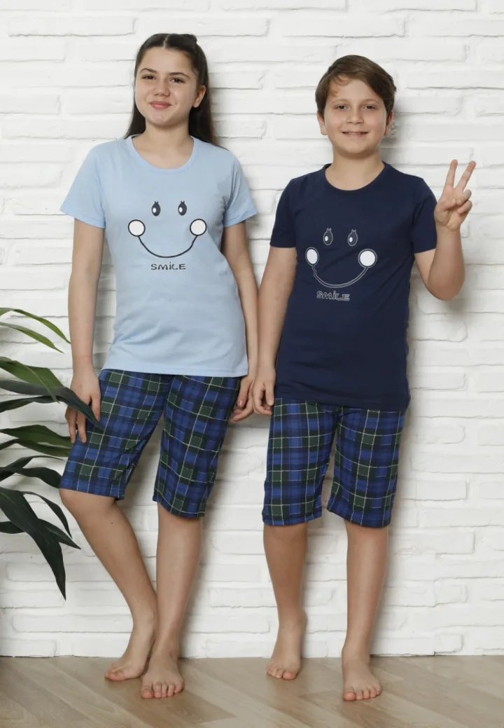 Pijama Copii cu maneca scurta si pantalon 3/4, culoare Albastru deschis si Bleumarin ,Engros — Image 1