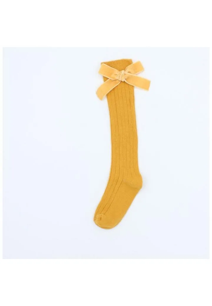 Șosete fetițe 3/4, bumbac, cu fundiță decorativă- galben muștar,Engros — Imaginea 1