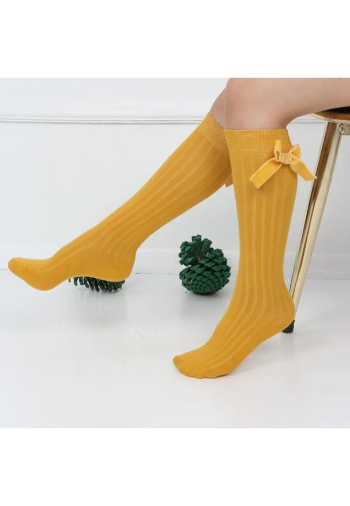 Șosete fetițe 3/4, bumbac, cu fundiță decorativă- galben muștar,Engros — Imaginea 2
