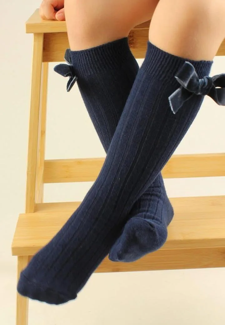 Șosete fetițe 3/4, bumbac, cu fundiță decorativă,Bleumarin, Engros — Görsel 1