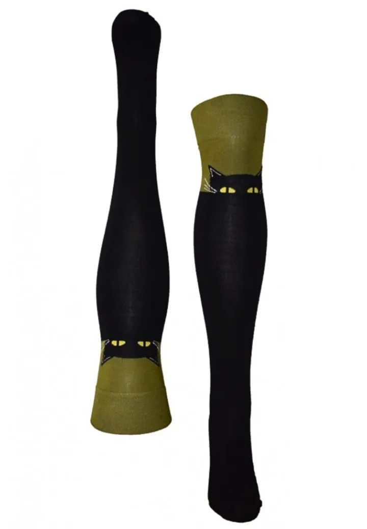 Șosete Damă peste Genuchi, Imprimeu Pisica,Culoare Negru-Verde,Engros — Imaginea 2