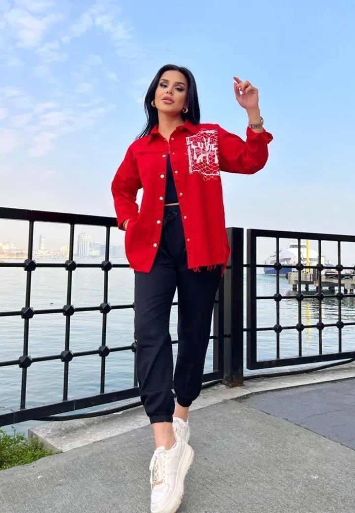 Camasa Denim Dama,Rosu cu Nasturi,Engros — Image 1