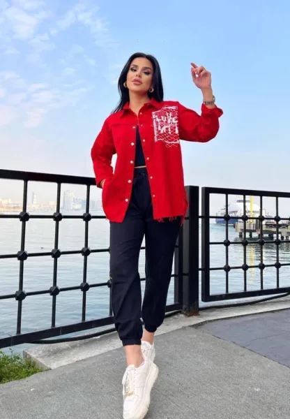 Camasa Denim Dama,Rosu cu Nasturi,Engros