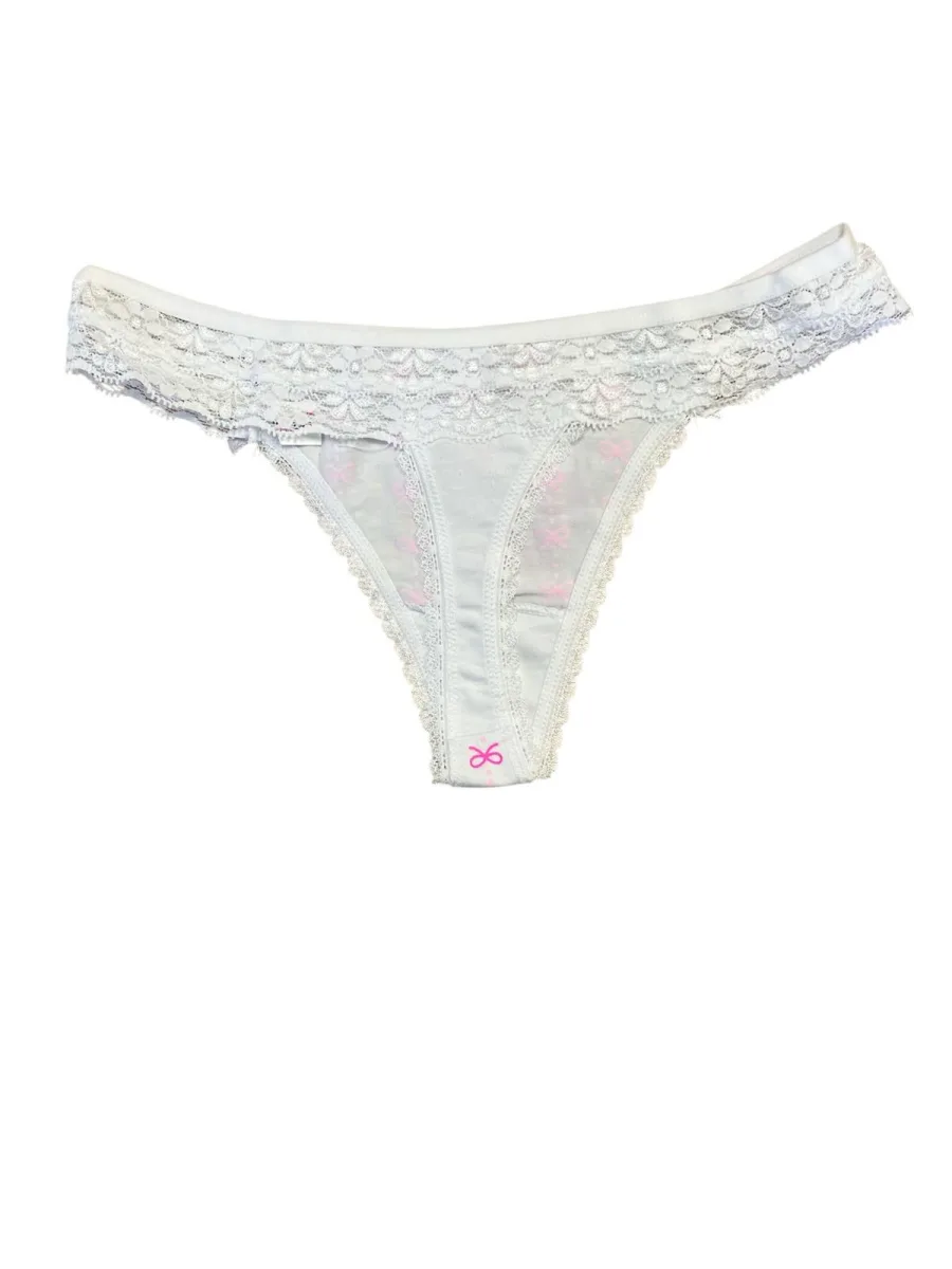 Chiloti Dama, Tanga , Dantelă Alba cu Imprimeu Fundițe Roz, Engros — Image 3