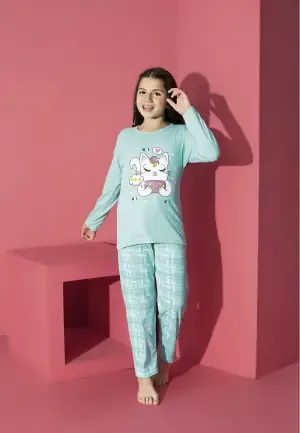 Pijama Fete, Mânecă Lungă, Pantaloni Lungi, Imprimeu Pisicuta, Culoare Blue,Engros — Image 1