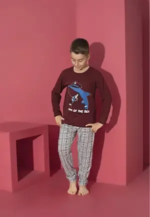 Pijama Băieți cu Mânecă Lungă și Pantaloni Lungi, Imprimeu King Of The Sea,Culoare Bordo,Engros — Imaginea 1
