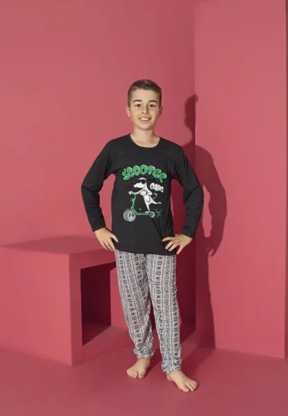Pijama Băieți cu Mânecă Lungă și Pantaloni Lungi, Imprimeu Scooter,Culoare Negru,Engros