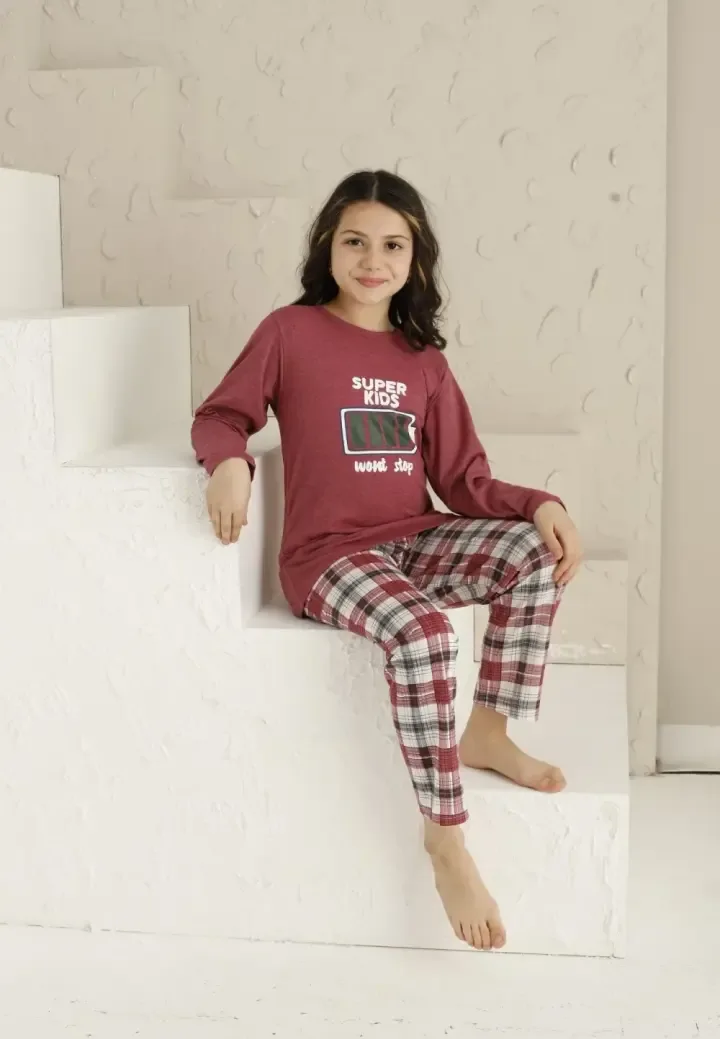 Pijama Fete, Mânecă Lungă si Pantaloni Lungi, Imprimeu Super Kids, Roz Închis,Engros — Görsel 1
