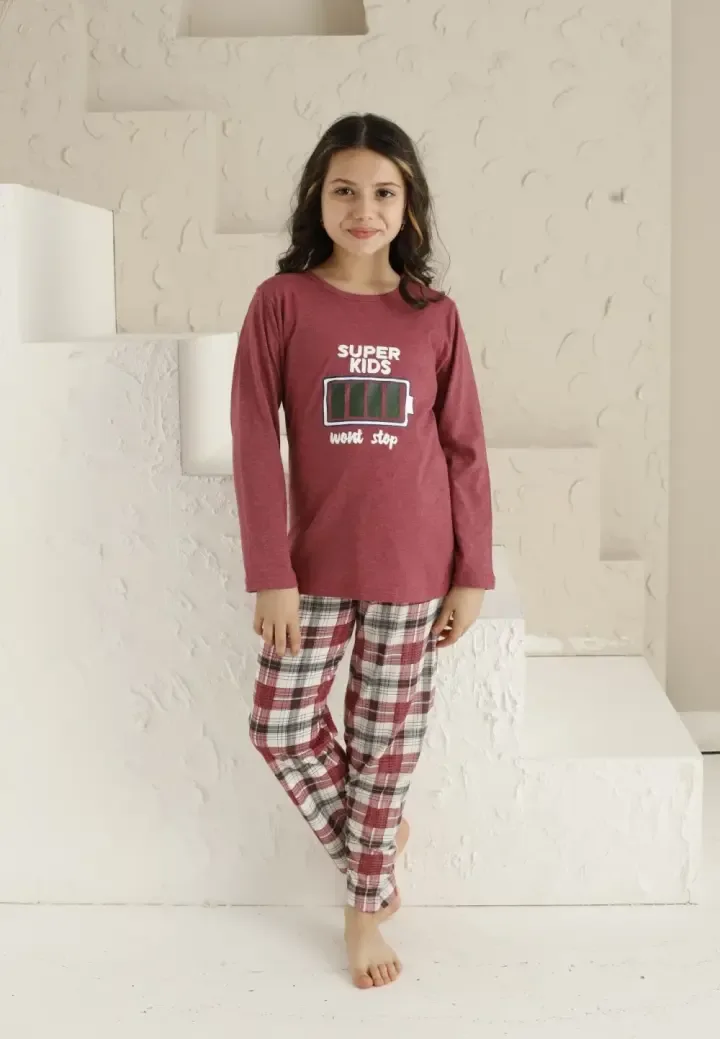 Pijama Fete, Mânecă Lungă si Pantaloni Lungi, Imprimeu Super Kids, Roz Închis,Engros — Görsel 3