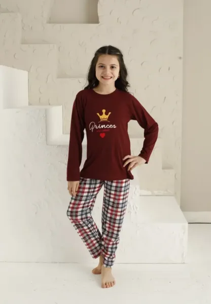 Pijama Fete, Mânecă Lungă si Pantaloni Lungi, Imprimeu Princes,Culoare Bordo,Engros