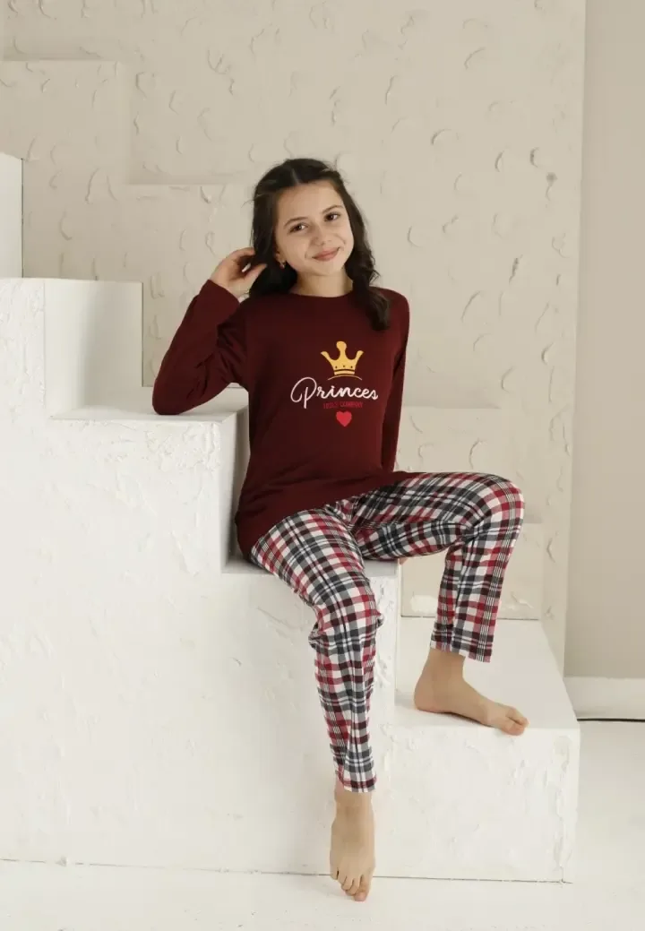 Pijama Fete, Mânecă Lungă si Pantaloni Lungi, Imprimeu Princes,Culoare Bordo,Engros — Görsel 2