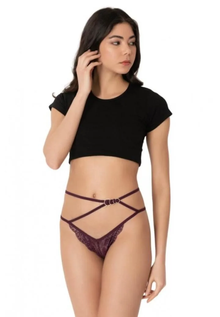 Chiloti Dama Cottonhill, Model Sexy, Tanga cu Barete, Accesorizati,Culoare Mov Inchis, Engros — Imaginea 1