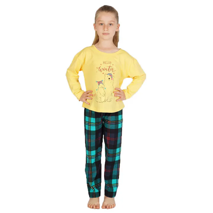 Pijama copii, mânecă lungă, pantalon lung, imprimeu Hello Winter,Culoare Galben,Engros — Image 1