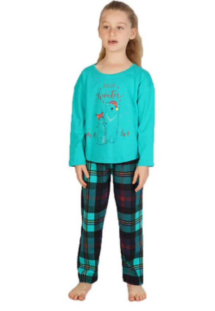 Pijama copii, mânecă lungă, pantalon lung, imprimeu Hello Winter,Culoare Verde,Engros — Görsel 1