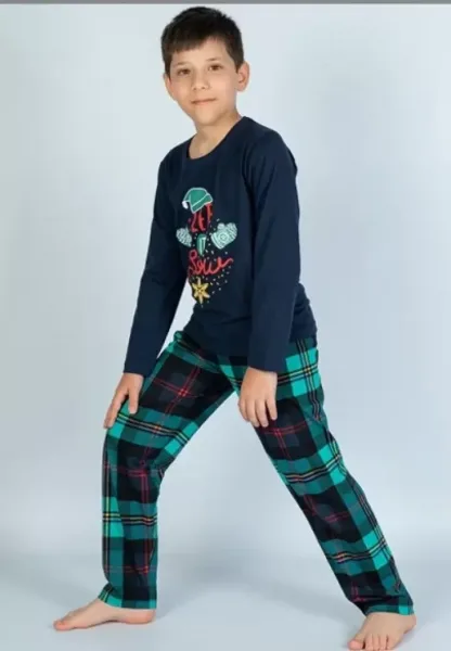 Pijama Copii, Mânecă Lungă, Pantalon Lung, Imprimeu Let it Snow,  Culoare Bleumarin,Engros