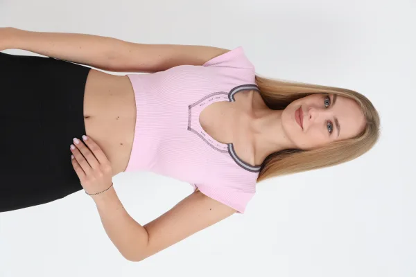Crop Tricou Damă cu Mânecă Scurtă ,Culoare Roz,Engros