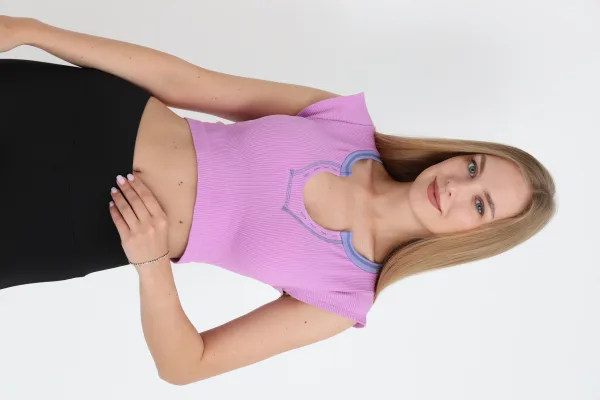 Crop Tricou Damă cu Mânecă Scurtă ,Culoare Mov, Engros