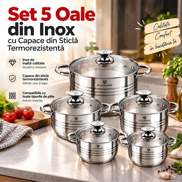 Set 5 Oale din Inox cu Capace din Sticlă Termorezistentă — Görsel 1