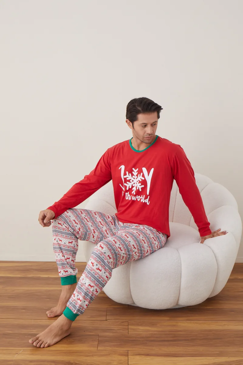 Pijama barbat Craciun maneca lunga pantaloni lungi rosu Joy ENGROS — Görsel 5
