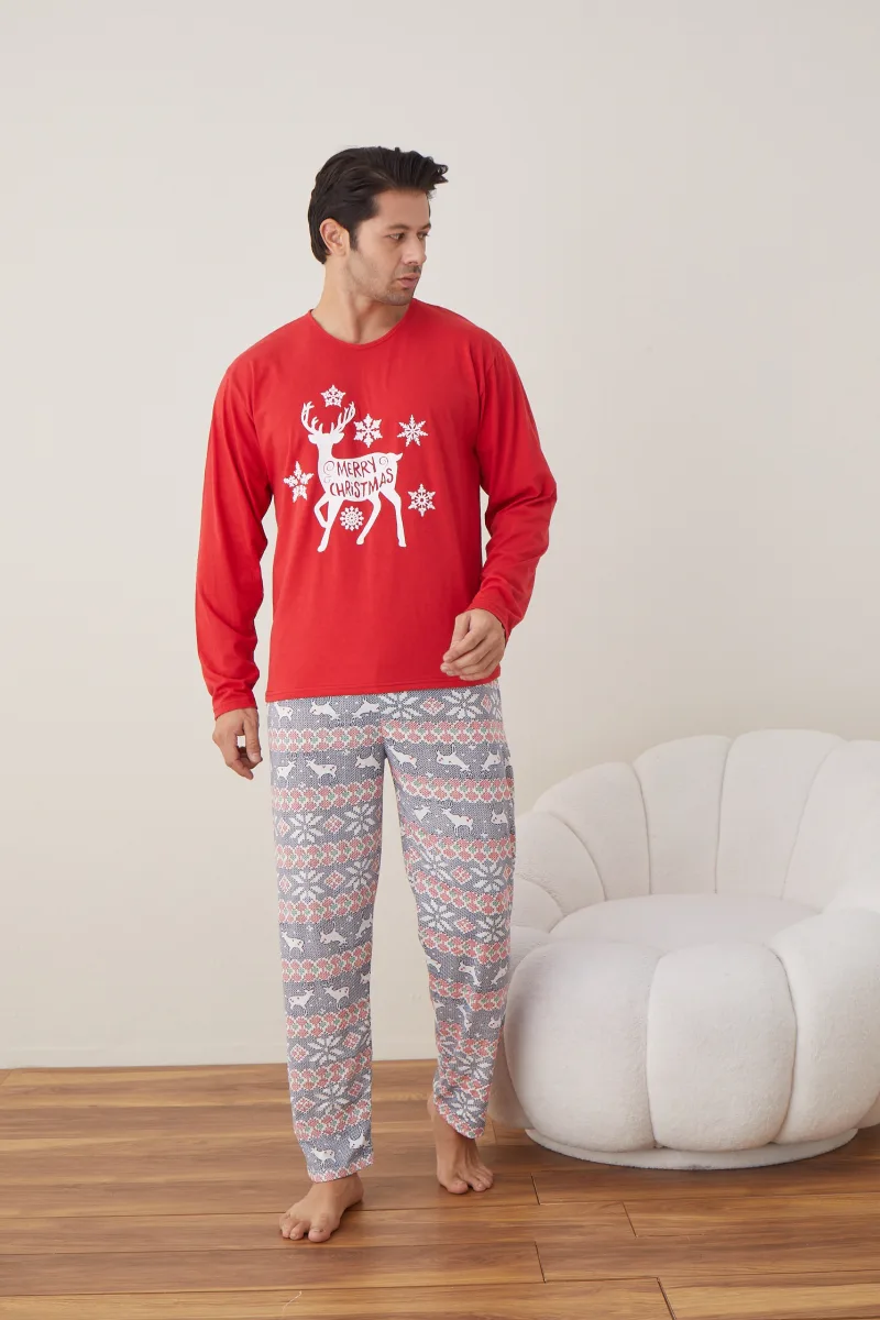 Pijama barbati Craciun " MERRY CHRISTMAS" maneca lunga ,pantaloni lungi,Culoare Rosu Engros — Image 5