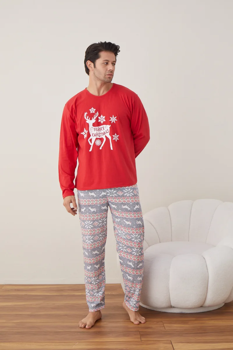 Pijama barbati Craciun " MERRY CHRISTMAS" maneca lunga ,pantaloni lungi,Culoare Rosu Engros — Image 7