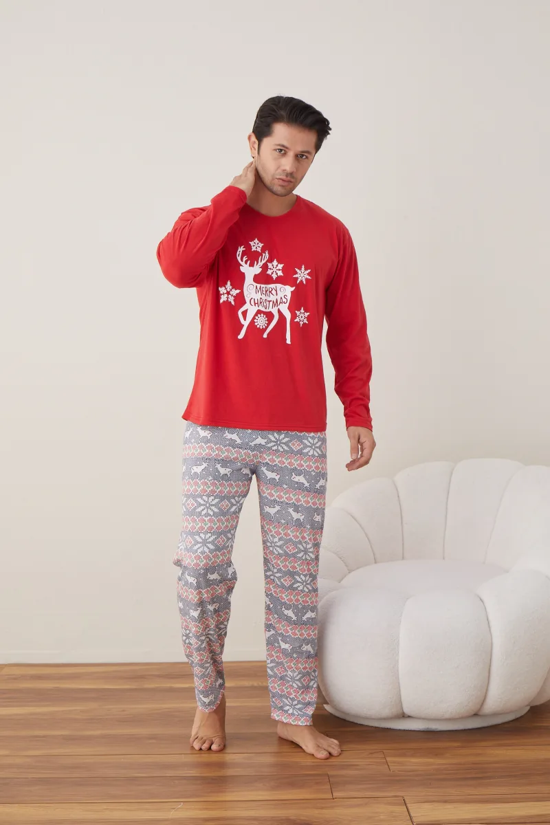 Pijama barbati Craciun " MERRY CHRISTMAS" maneca lunga ,pantaloni lungi,Culoare Rosu Engros — Image 8