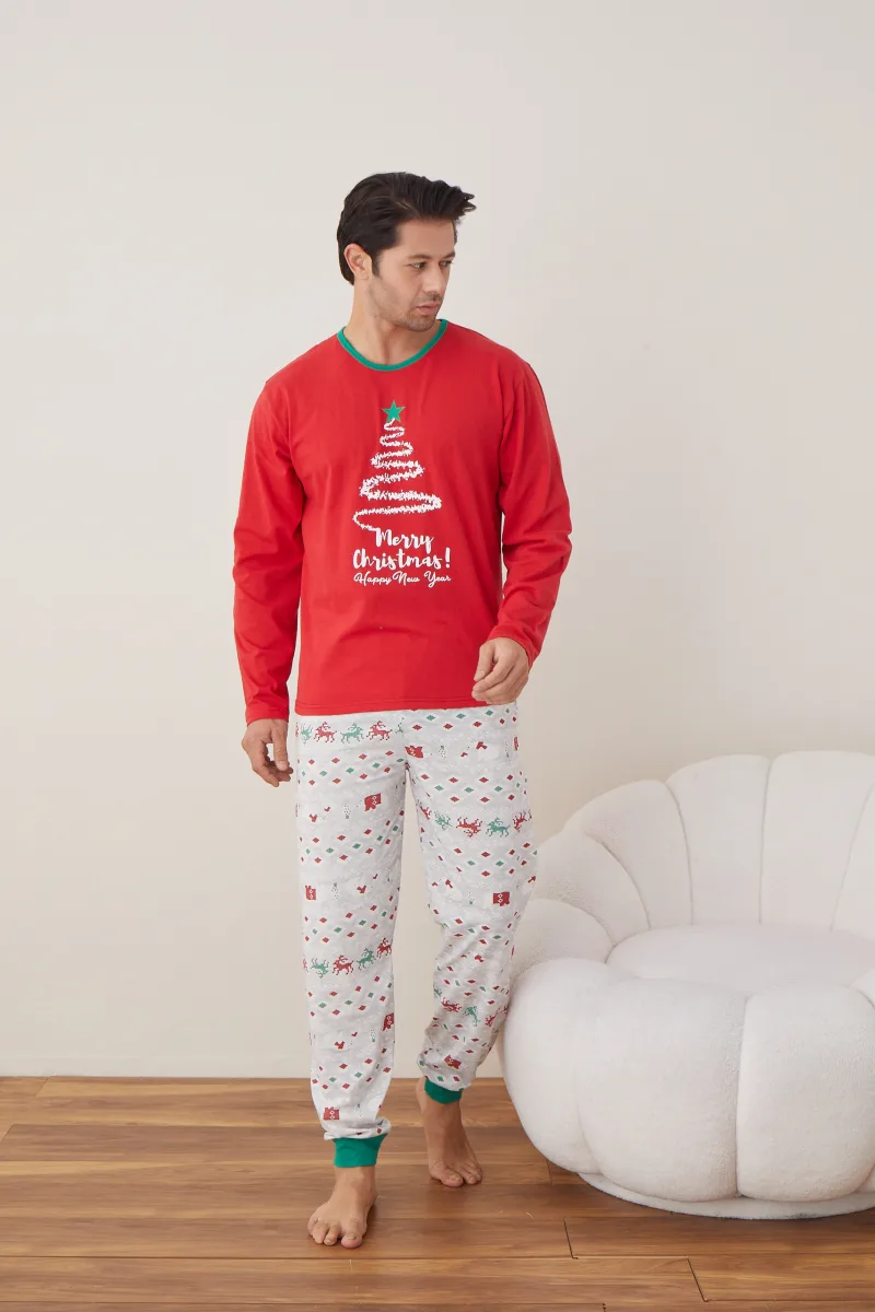Pijama barbati Craciun " Merry Chrystmas " maneca lunga ,pantaloni lungi,Culoare Rosu Engros — Image 2