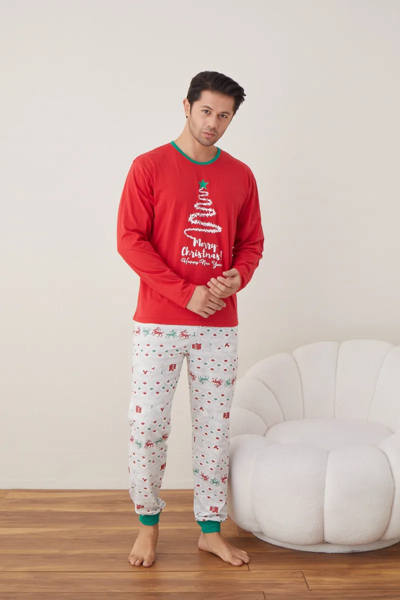 Pijama barbati Craciun " Merry Chrystmas " maneca lunga ,pantaloni lungi,Culoare Rosu Engros — Image 3