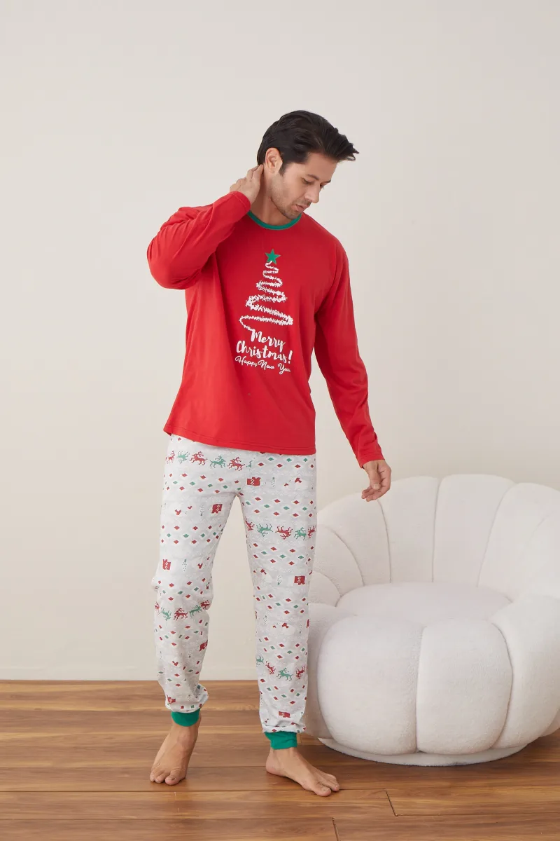 Pijama barbati Craciun " Merry Chrystmas " maneca lunga ,pantaloni lungi,Culoare Rosu Engros — Image 5