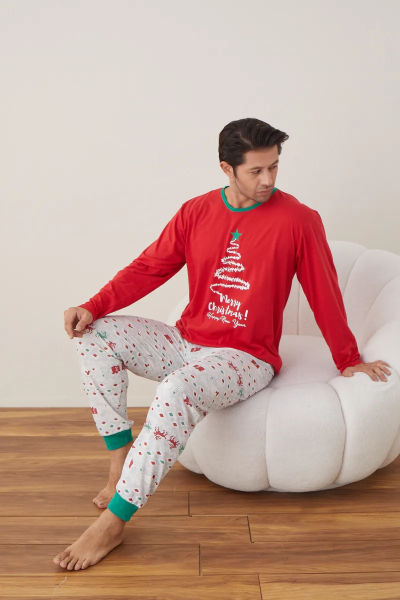 Pijama barbati Craciun " Merry Chrystmas " maneca lunga ,pantaloni lungi,Culoare Rosu Engros — Image 7