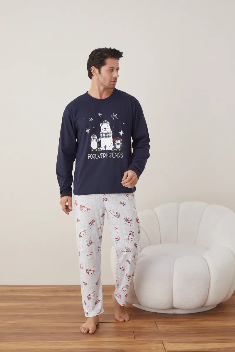 Pijama barbati Craciun "FOREVER FRIENDS  " maneca lunga ,pantaloni lungi,Culoare Bleumarin ,Engros — Image 7
