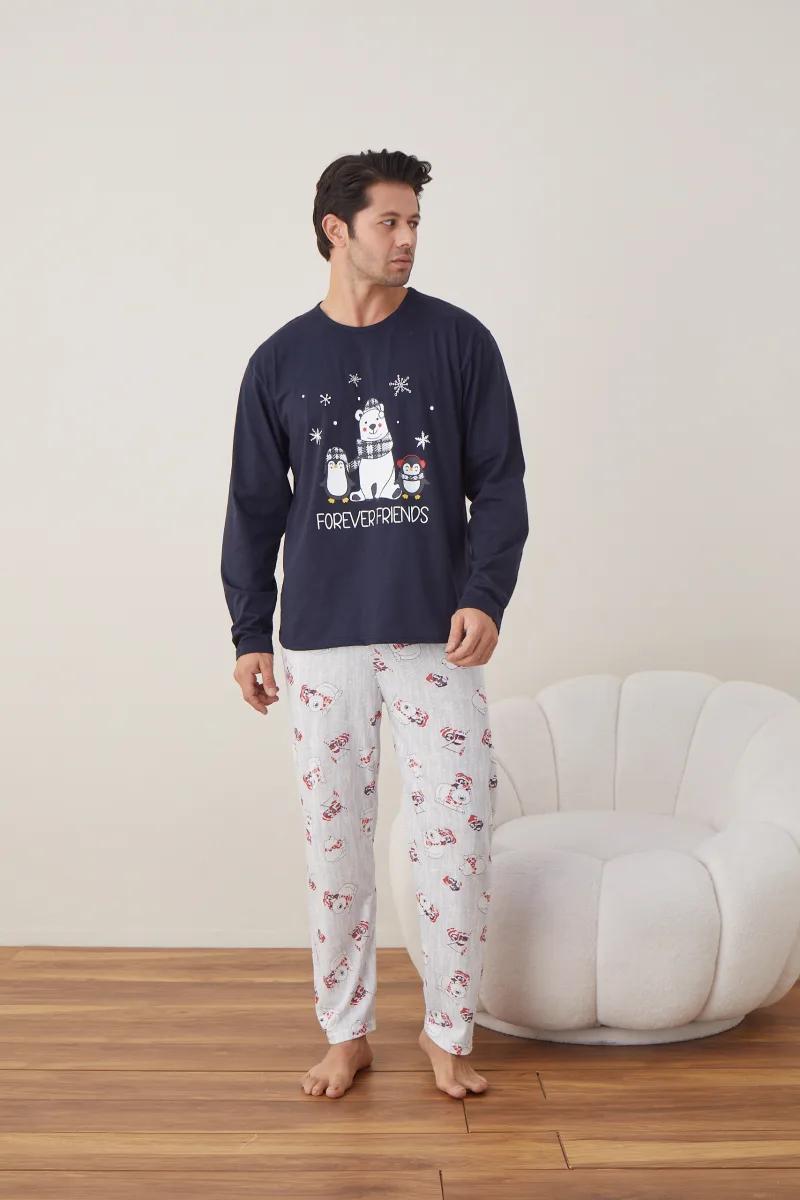 Pijama barbati Craciun "FOREVER FRIENDS  " maneca lunga ,pantaloni lungi,Culoare Bleumarin ,Engros — Image 8