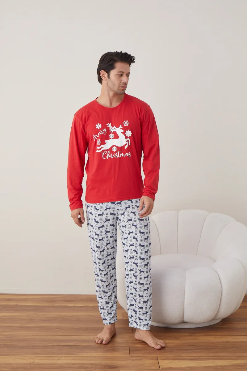 Pijama barbati Craciun "Chrystmas Merry"  , maneca lunga ,pantaloni lungi,Culoare Rosu ,Engros — Image 2