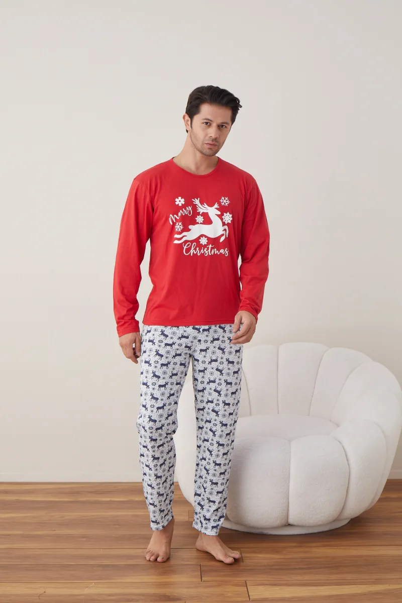Pijama barbati Craciun "Chrystmas Merry"  , maneca lunga ,pantaloni lungi,Culoare Rosu ,Engros — Image 3