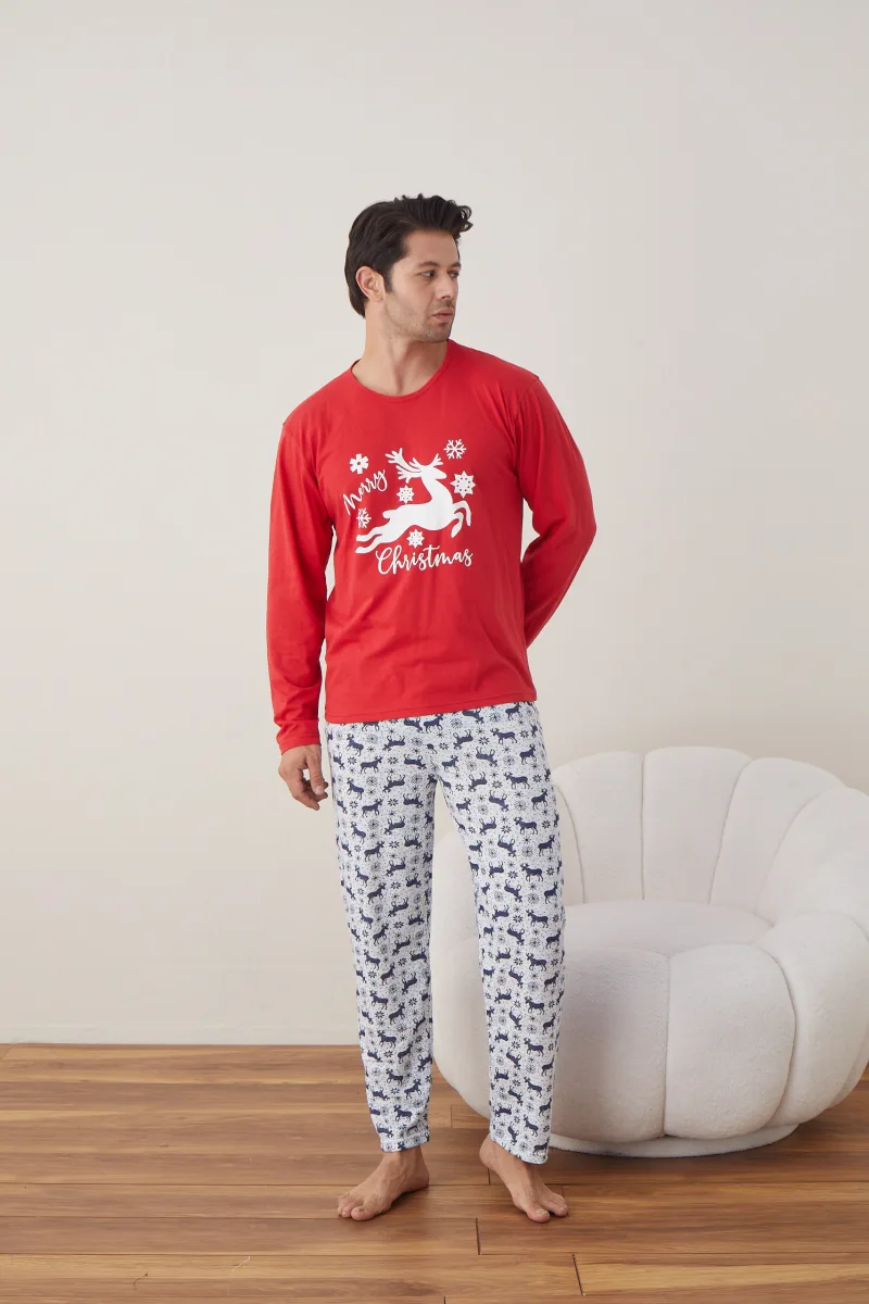 Pijama barbati Craciun "Chrystmas Merry"  , maneca lunga ,pantaloni lungi,Culoare Rosu ,Engros — Image 4