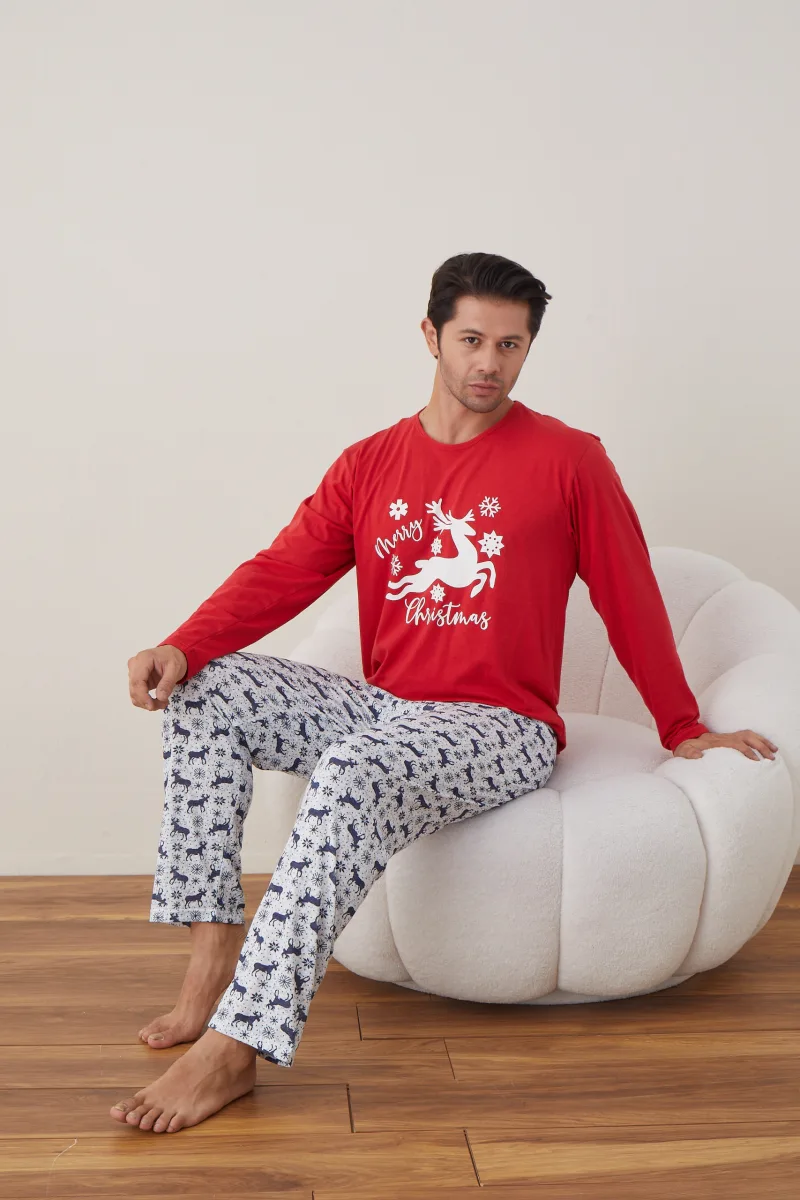 Pijama barbati Craciun "Chrystmas Merry"  , maneca lunga ,pantaloni lungi,Culoare Rosu ,Engros — Image 5